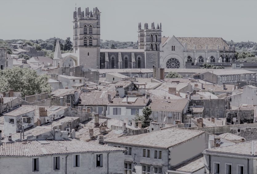 Aerial cityscape view on the old town with cathedral in Montpellier city during the sunny weather in Occitanie region of France